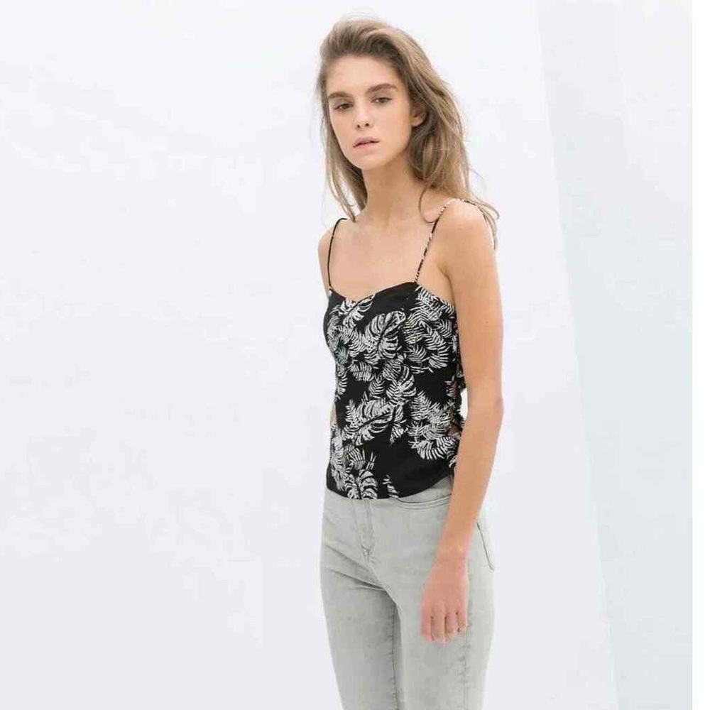 Zara Strappy Floral Print Cropped Tank Top Black